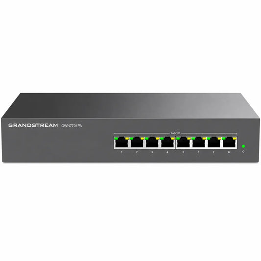 Front view of Grandstream GWN7701PA 8-Port Gigabit PoE+ unmanaged Ethernet switch for business networking.