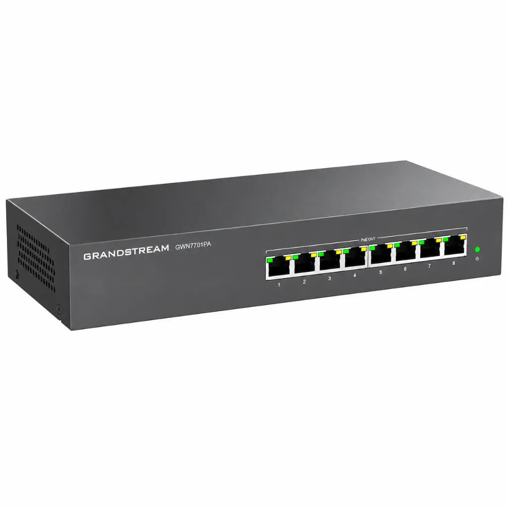 Left front angled view of Grandstream GWN7701PA 8-Port Gigabit PoE+ unmanaged network switch with metal enclosure.