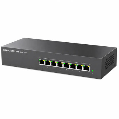 Right front angled view of Grandstream GWN7701PA Gigabit PoE+ unmanaged network switch for IP phones, cameras and WiFi access points.
