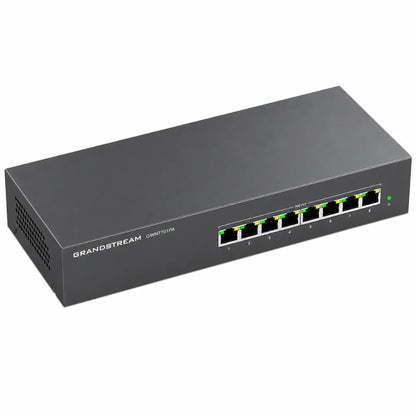 Top left perspective of Grandstream GWN7701PA 8-Port Gigabit PoE+ unmanaged Ethernet switch with durable metal housing.