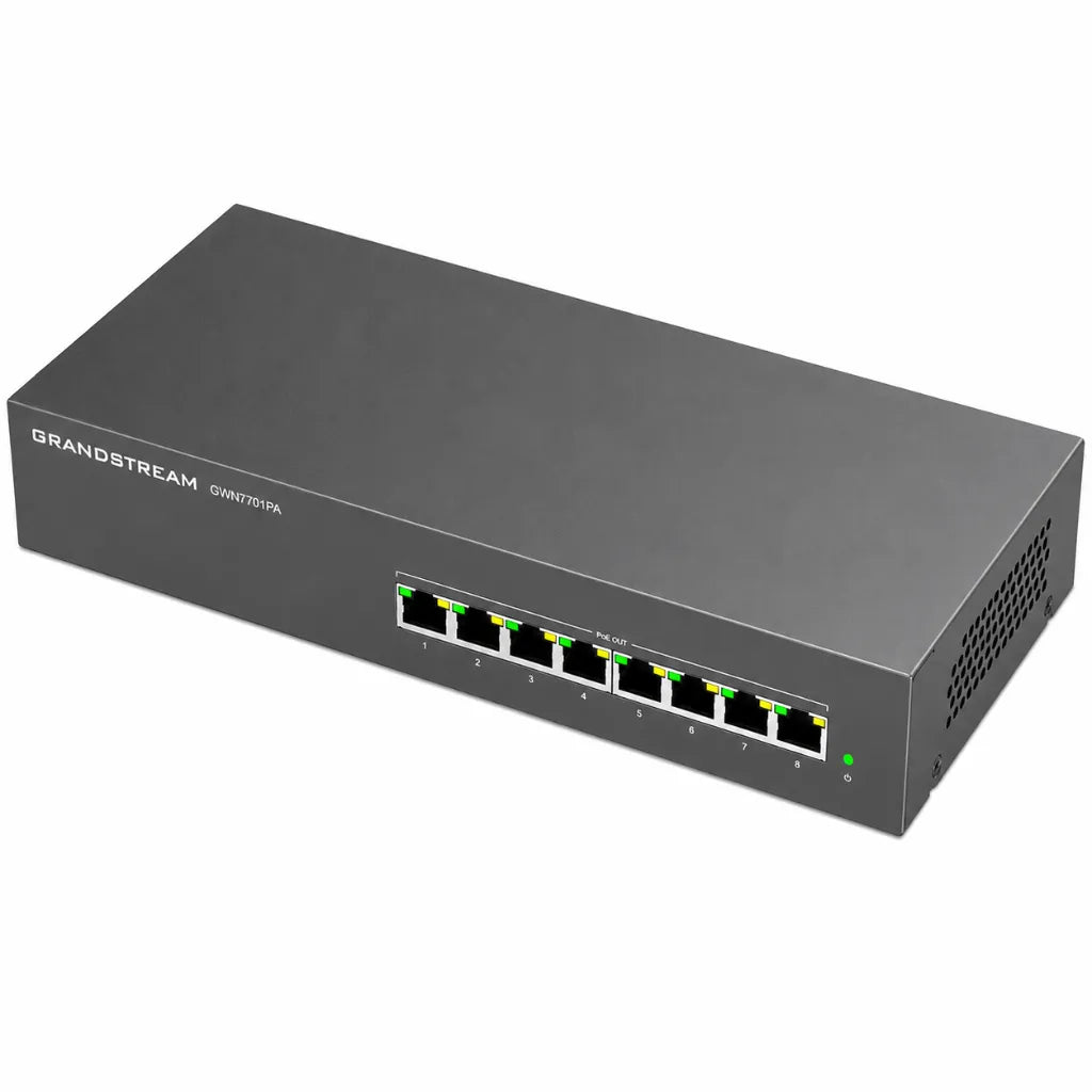 Top right perspective of Grandstream GWN7701PA unmanaged Gigabit PoE+ switch showing eight PoE-enabled Ethernet ports.