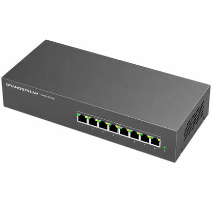 Top right perspective of Grandstream GWN7701PA unmanaged Gigabit PoE+ switch showing eight PoE-enabled Ethernet ports.
