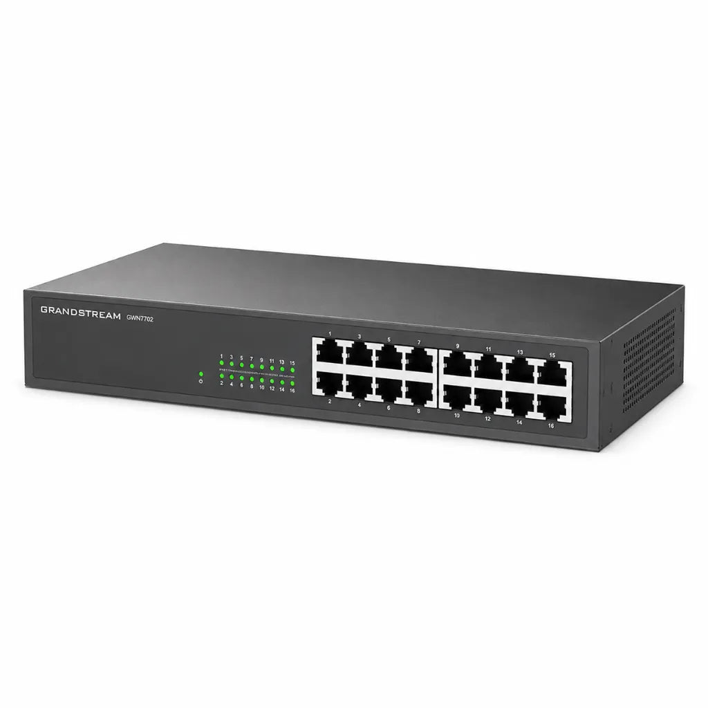 Left angle view of the Grandstream GWN7702 16-Port Gigabit unmanaged network switch with durable metal enclosure and Gigabit Ethernet ports.