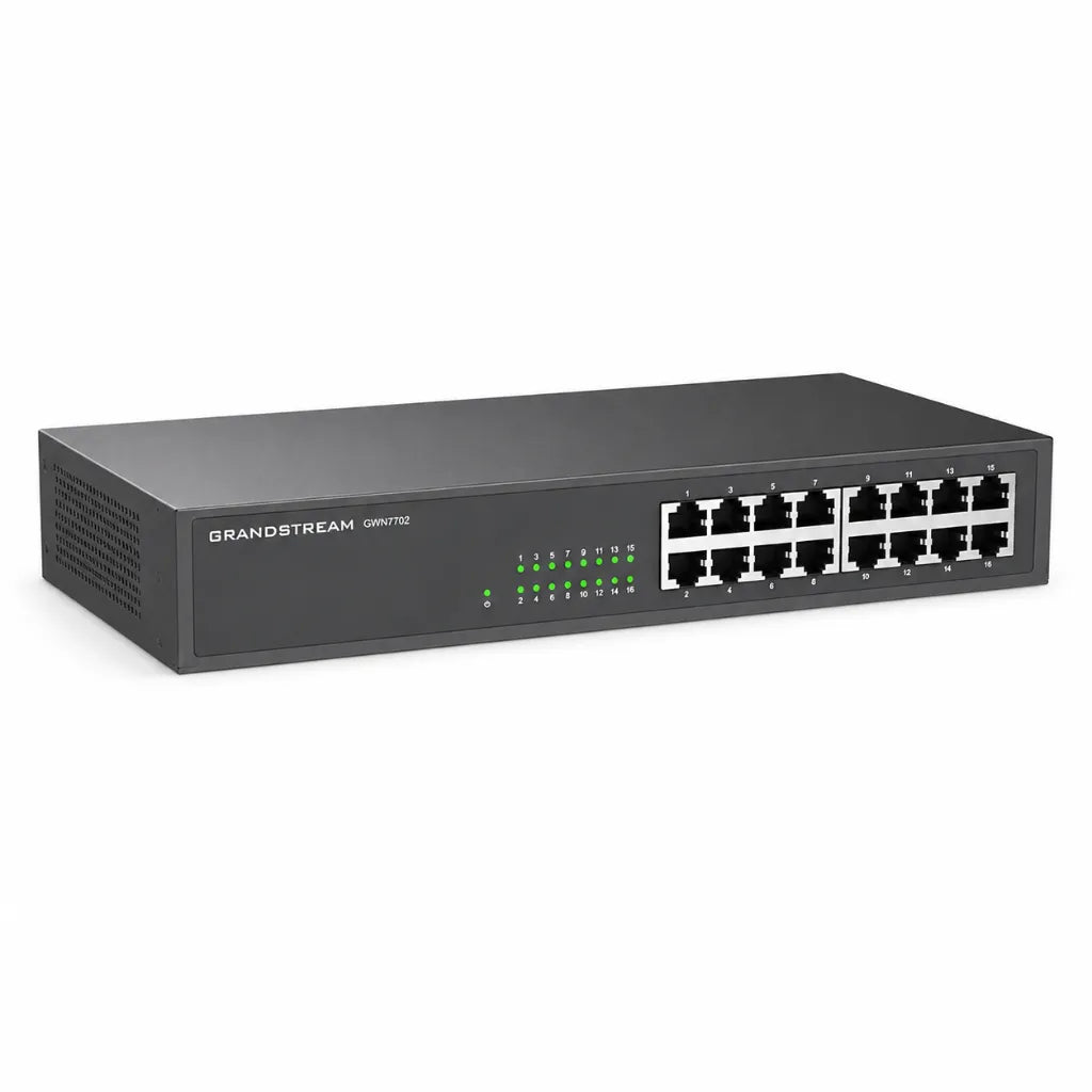 Right front angle view of Grandstream GWN7702 Gigabit unmanaged network switch designed for reliable, wired networking.