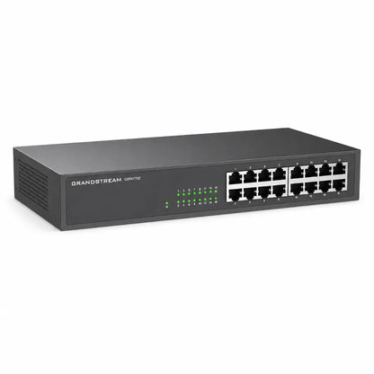 Right front angle view of Grandstream GWN7702 Gigabit unmanaged network switch designed for reliable, wired networking.