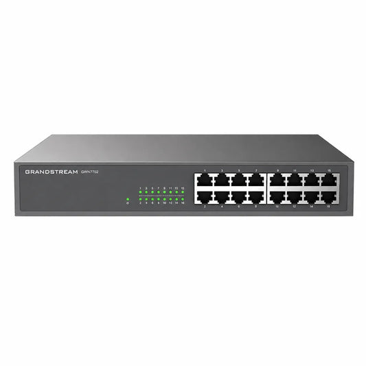 Front view of Grandstream GWN7702 16-Port Gigabit unmanaged Ethernet switch with LED status indicators and RJ45 Gigabit ports.