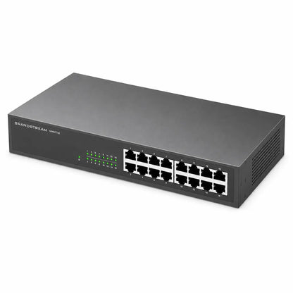 Top left perspective of Grandstream GWN7702 unmanaged 16-port Gigabit Ethernet switch showing metal chassis and network ports.