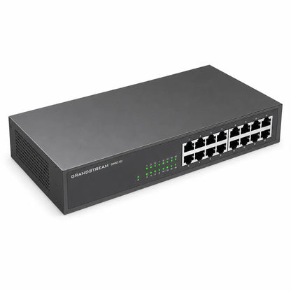 Top right perspective of the Grandstream GWN7702 unmanaged 16-Port Gigabit network switch with compact metal housing.