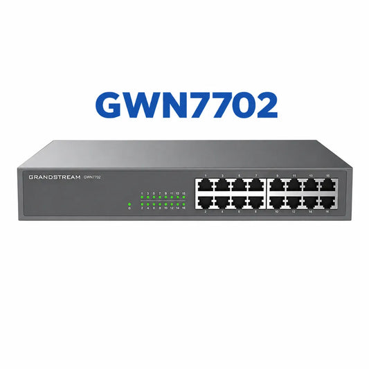 Grandstream GWN7702 16-Port Gigabit Unmanaged Network Switch front view with 16 RJ45 Gigabit Ethernet ports for home and SMB networking.