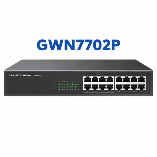 Grandstream GWN7702P 16-Port Gigabit PoE Network Switch front view with 8 PoE+ ports for business networking.
