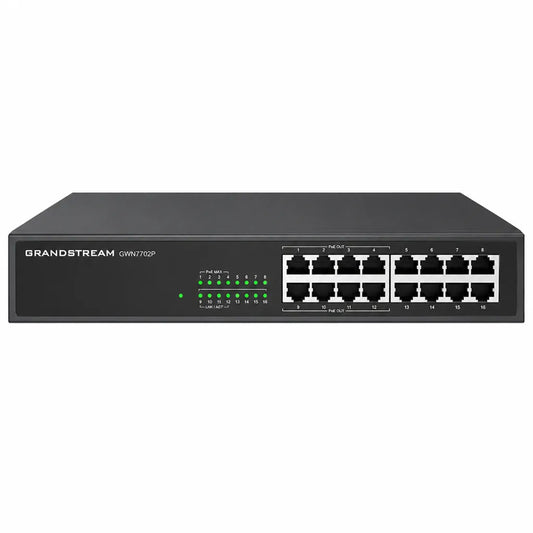 Front view of Grandstream GWN7702P unmanaged 16-port Gigabit PoE switch with 8 IEEE 802.3af/at PoE+ ports.