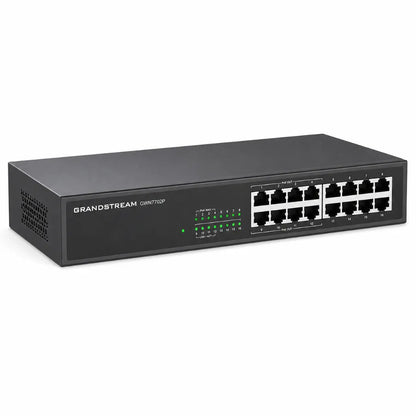 Left angle view of Grandstream GWN7702P 16-Port Gigabit PoE network switch with durable metal enclosure.