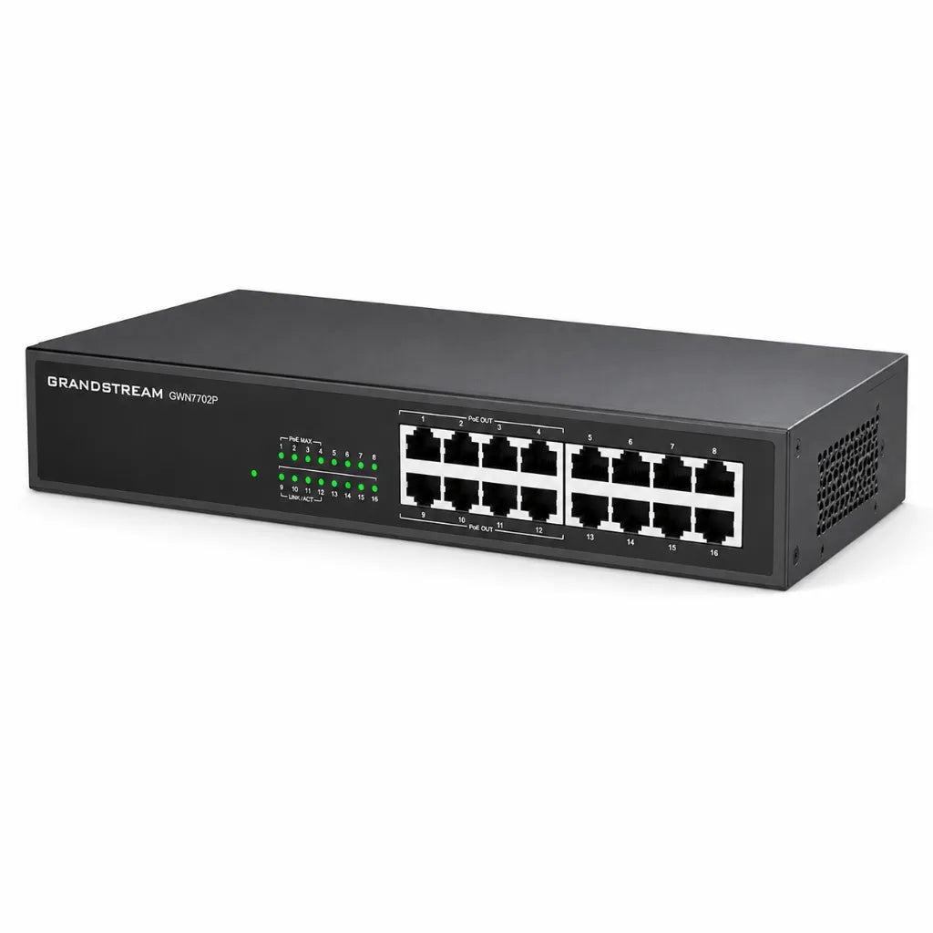 Right angle view of Grandstream GWN7702P unmanaged Gigabit PoE switch for SMB and office networking.