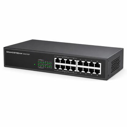 Right angle view of Grandstream GWN7702P unmanaged Gigabit PoE switch for SMB and office networking.