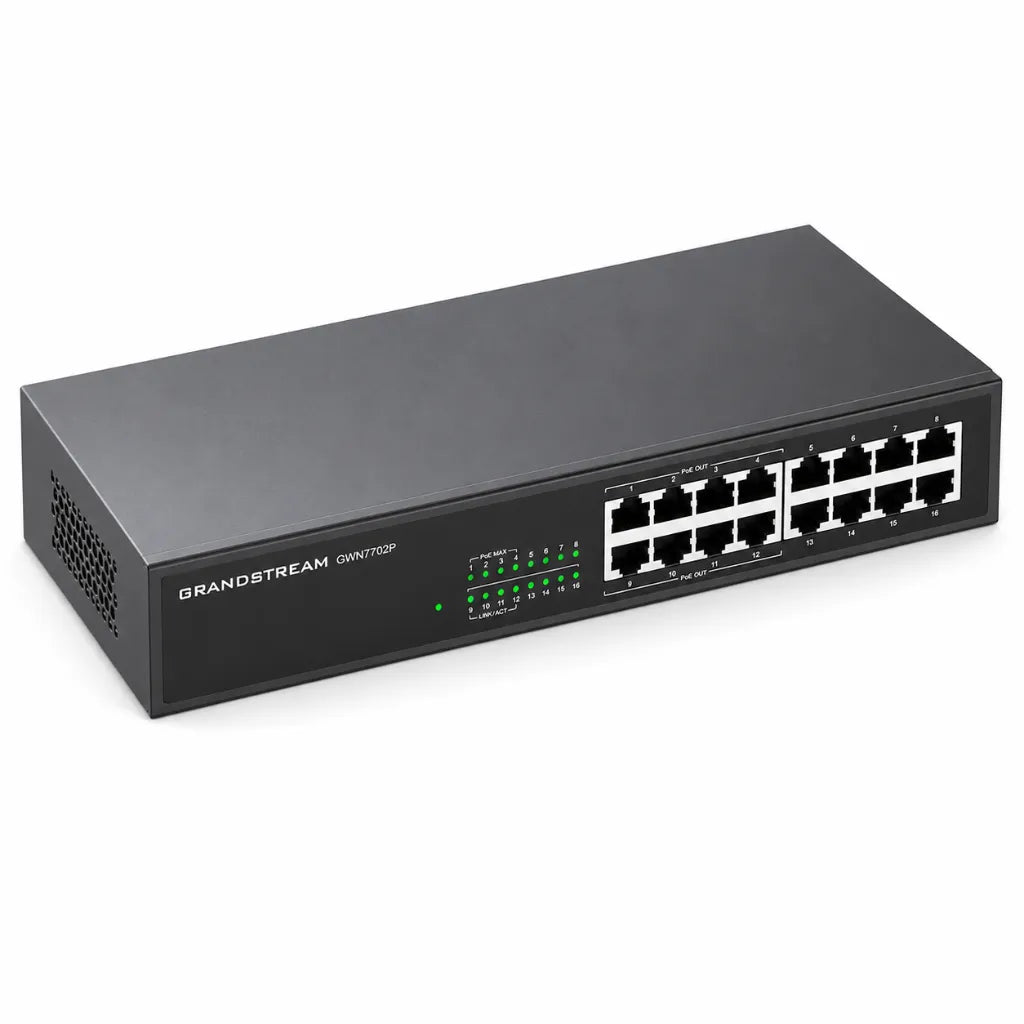 Top left perspective of Grandstream GWN7702P 16-Port Gigabit Ethernet PoE switch with plug-and-play connectivity.