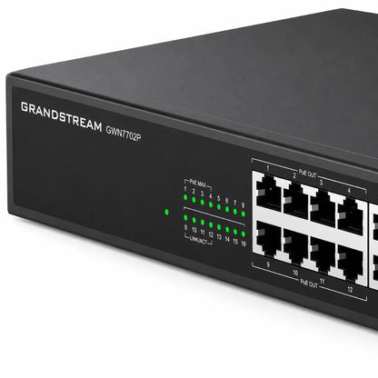 Close-up of Grandstream GWN7702P front panel showing 16 Gigabit Ethernet ports, 8 PoE+ ports and LED status indicators.
