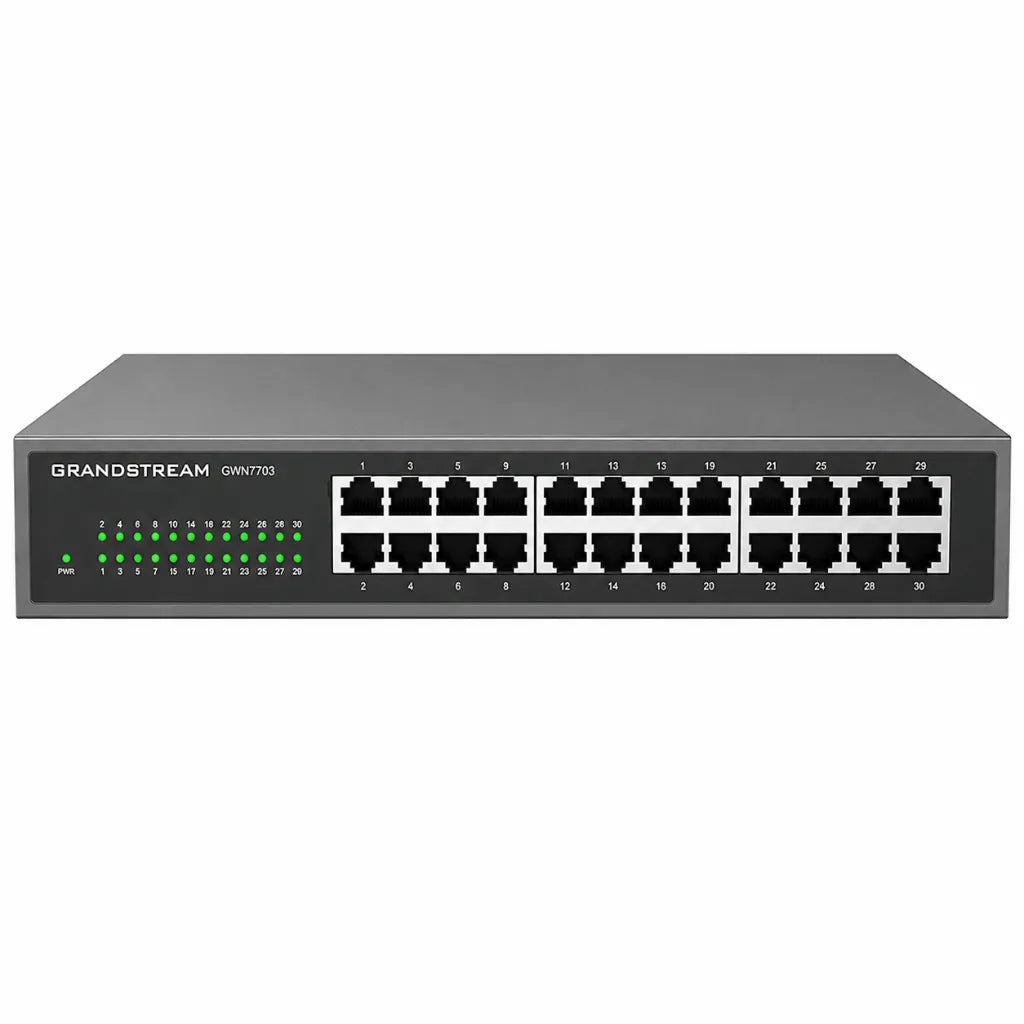 Front angle of the Grandstream GWN7703 24-Port Gigabit unmanaged Ethernet switch for business networking.