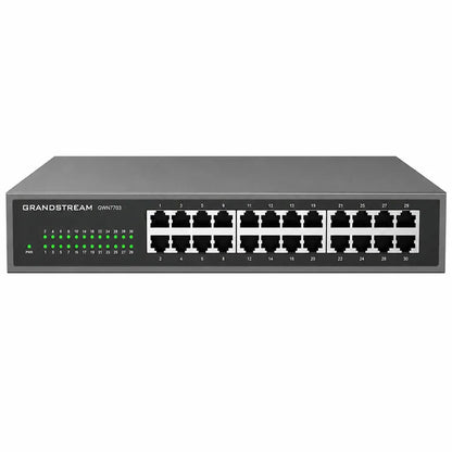 Front angle of the Grandstream GWN7703 24-Port Gigabit unmanaged Ethernet switch for business networking.