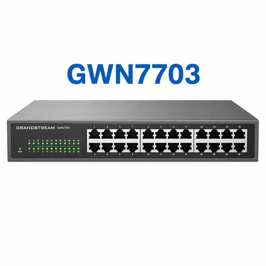 Grandstream GWN7703 24-Port Gigabit Unmanaged Network Switch front view with 24 RJ45 Gigabit Ethernet ports.