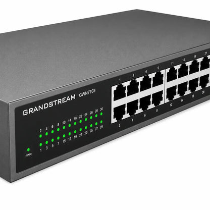 Close-up of the Grandstream GWN7703 front panel showing 24 Gigabit Ethernet ports and LED status indicators.