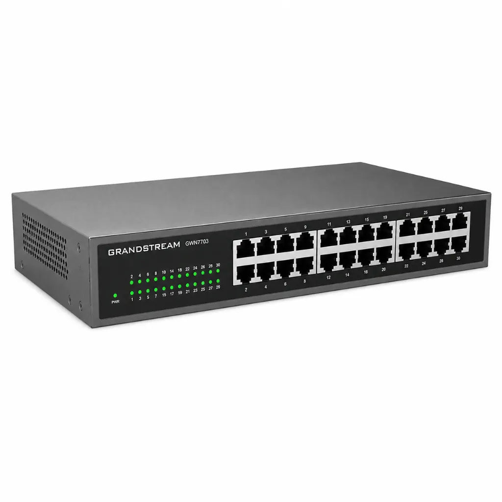 Left front perspective of the Grandstream GWN7703 unmanaged 24-port Gigabit network switch with metal enclosure.