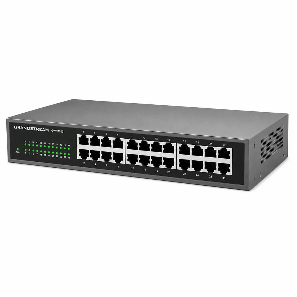 Right front perspective of the Grandstream GWN7703 24-Port Gigabit unmanaged network switch.