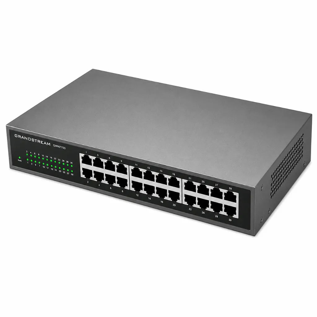 Top right-angled view of the Grandstream GWN7703 rackmount 24-Port Gigabit unmanaged network switch.