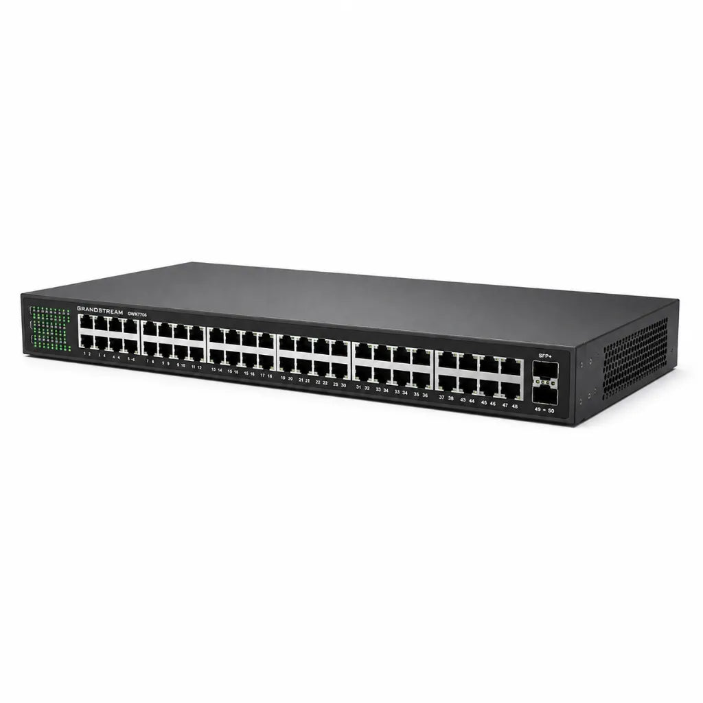 Right angled view of Grandstream GWN7706 48-Port Gigabit network switch featuring 2 SFP uplink ports