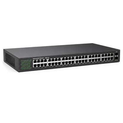 Left angled view of Grandstream GWN7706 48-Port Gigabit unmanaged Ethernet switch with dual SFP uplinks