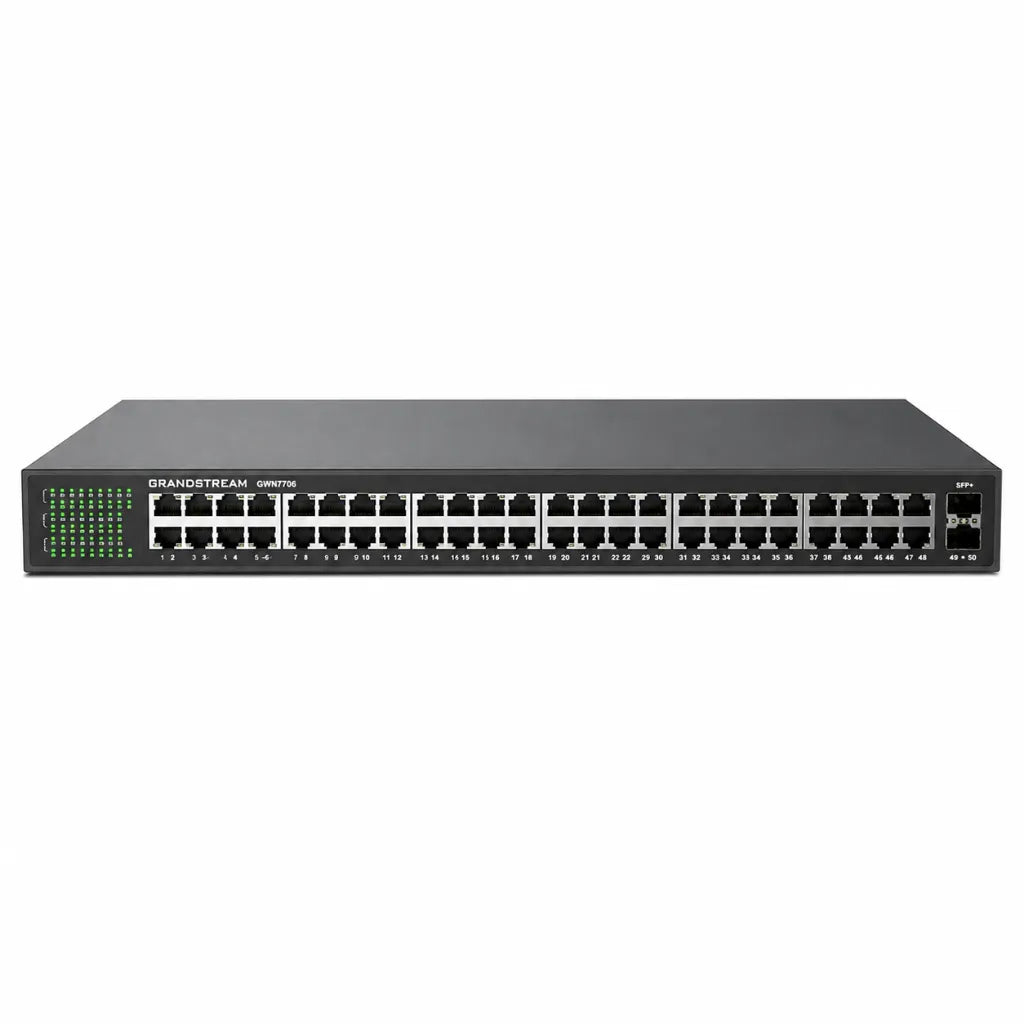Full front view of Grandstream GWN7706 unmanaged 48-Port Gigabit Ethernet switch with dual SFP uplinks