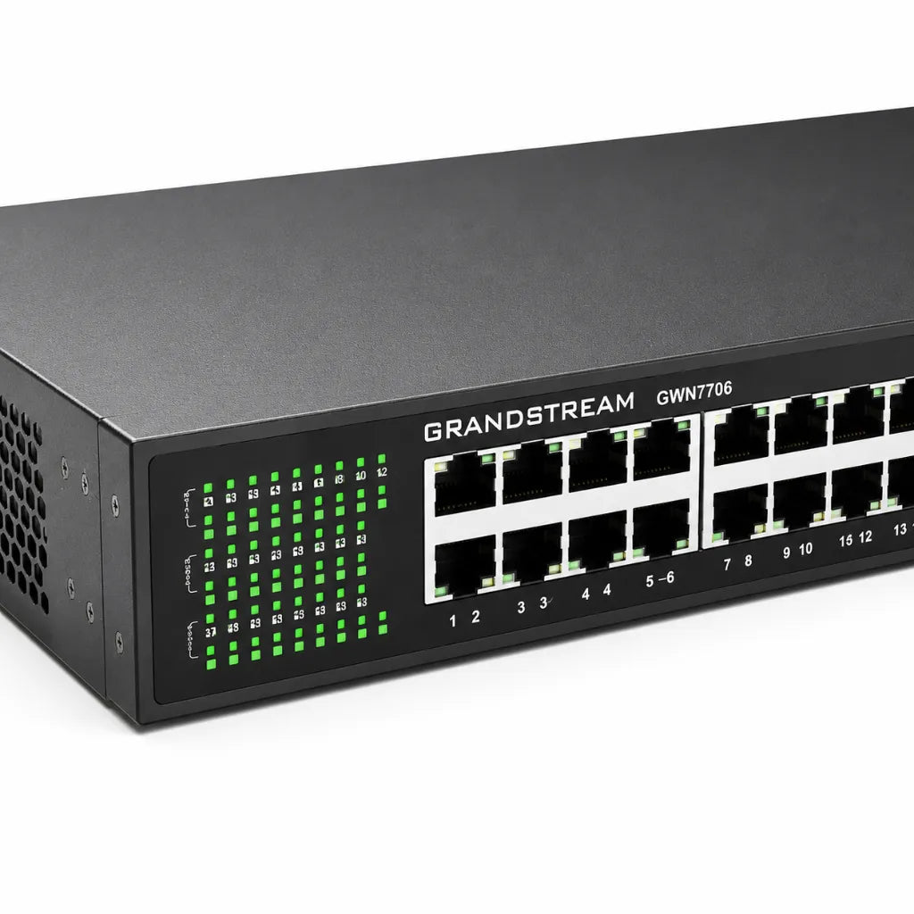 Close-up of Grandstream GWN7706 front panel showing Gigabit RJ45 Ethernet ports and LED indicators