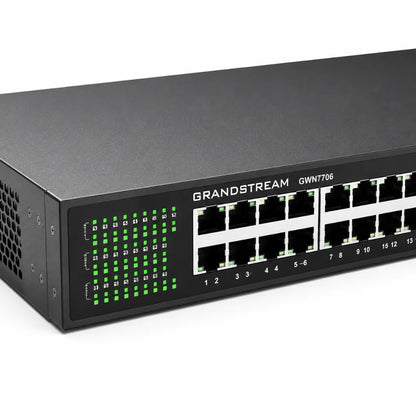 Close-up of Grandstream GWN7706 front panel showing Gigabit RJ45 Ethernet ports and LED indicators