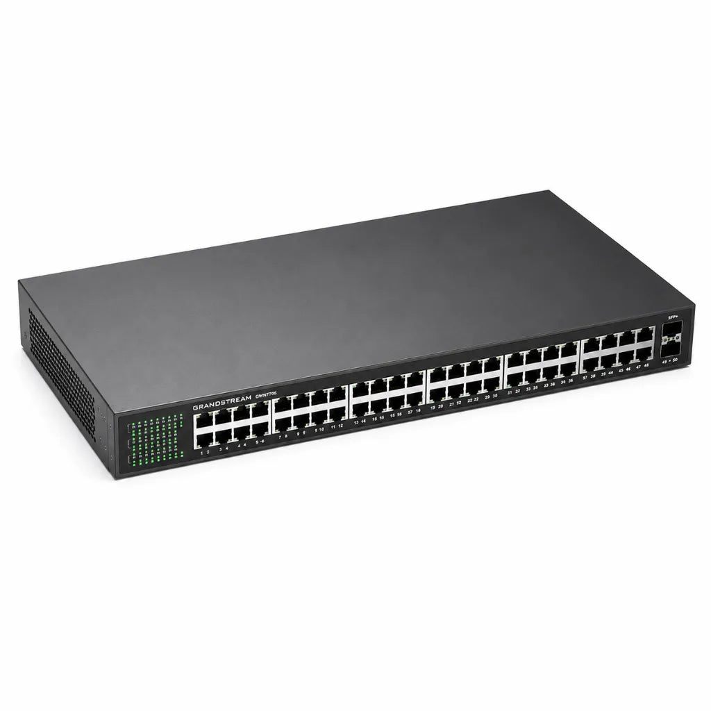 Top left perspective of Grandstream GWN7706 48-Port Gigabit unmanaged network switch for business networking