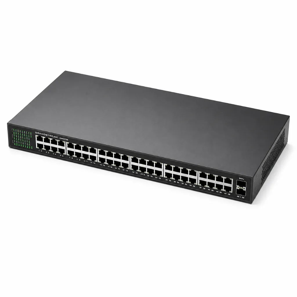 Top right perspective of Grandstream GWN7706 48-Port Gigabit Ethernet switch with rack-mount metal enclosure