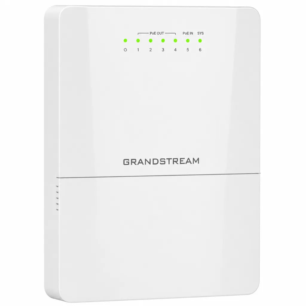 Angled front view of Grandstream GWN7710R outdoor managed PoE switch with durable IP66 weatherproof housing.