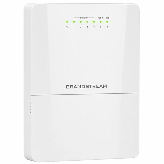 Angled front view of Grandstream GWN7710R outdoor managed PoE switch with durable IP66 weatherproof housing.