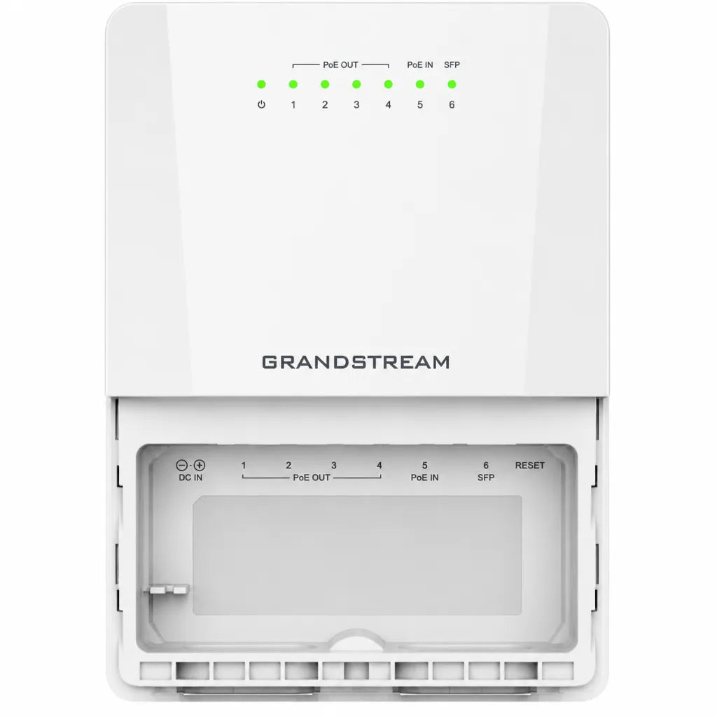 Front open view of Grandstream GWN7710R outdoor managed Gigabit PoE switch showing protected port compartment.
