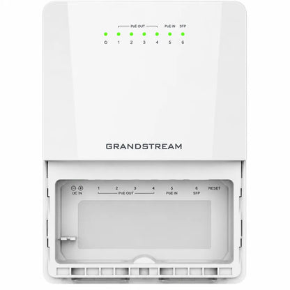 Front open view of Grandstream GWN7710R outdoor managed Gigabit PoE switch showing protected port compartment.