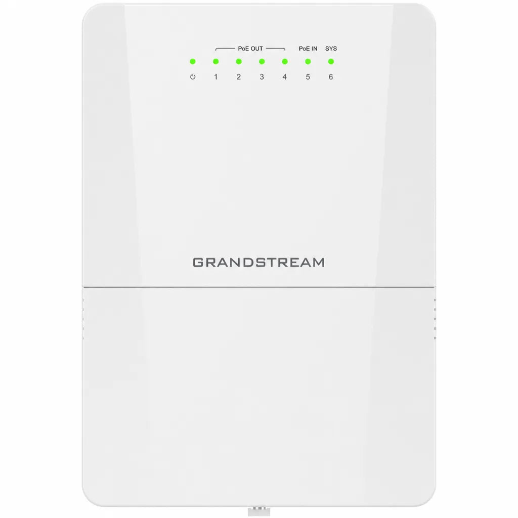 Front view of Grandstream GWN7710R outdoor Layer 2 managed PoE switch with LED status indicators.