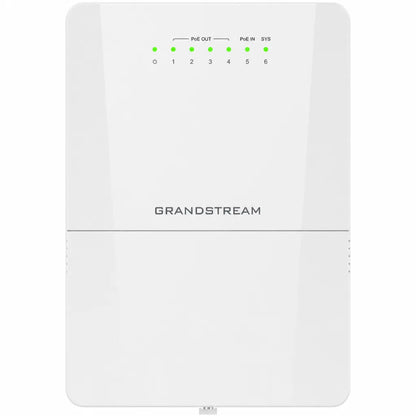 Front view of Grandstream GWN7710R outdoor Layer 2 managed PoE switch with LED status indicators.