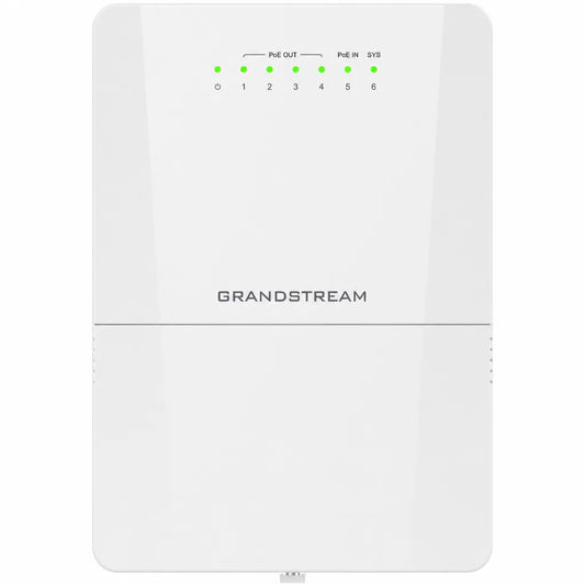 Front view of Grandstream GWN7710R outdoor Layer 2 managed PoE switch with LED status indicators.