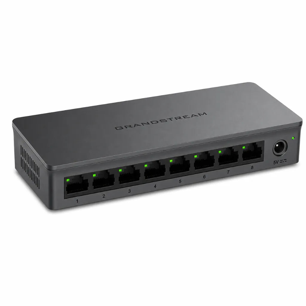 Left angled view of Grandstream GWN7711 8-Port managed Gigabit Ethernet switch for SMB and enterprise networks.