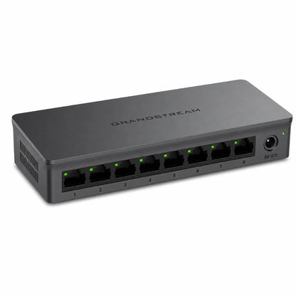 Left angled view of Grandstream GWN7711 8-Port managed Gigabit Ethernet switch for SMB and enterprise networks.