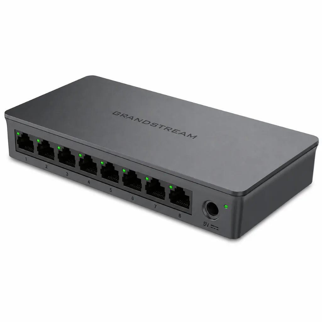 Angled view of Grandstream GWN7711 8-Port Layer 2 Lite Managed Gigabit Network Switch for business networking.