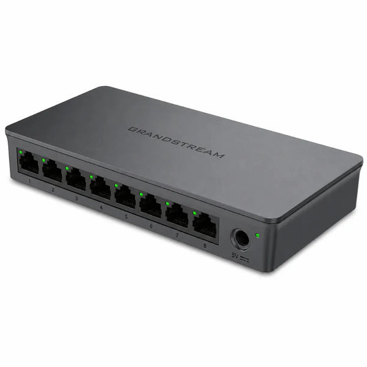 Angled view of Grandstream GWN7711 8-Port Layer 2 Lite Managed Gigabit Network Switch for business networking.