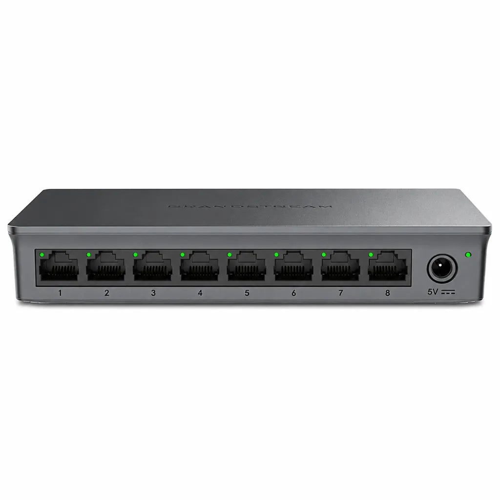 Front panel of Grandstream GWN7711 managed Gigabit network switch featuring eight RJ45 Gigabit Ethernet ports.