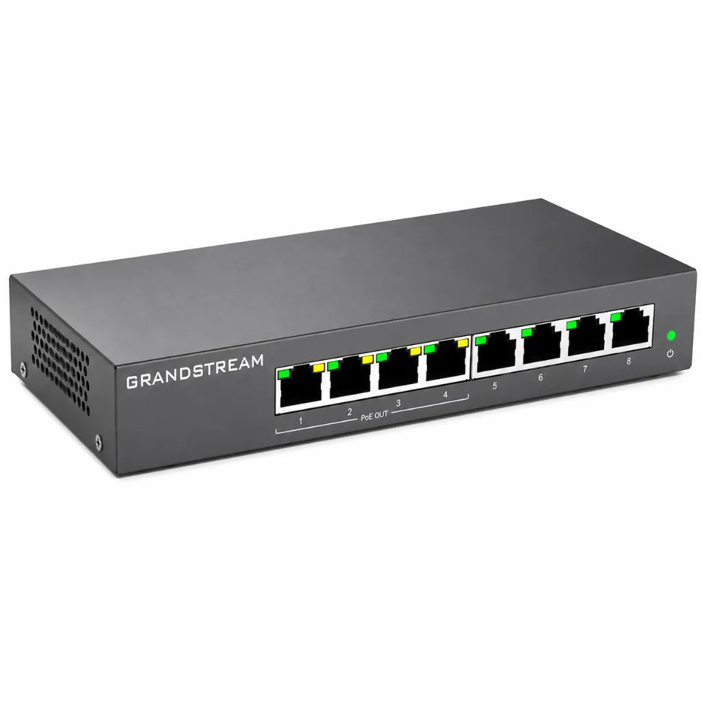 Right angle view of Grandstream GWN7711P 8-Port managed Gigabit PoE Ethernet switch