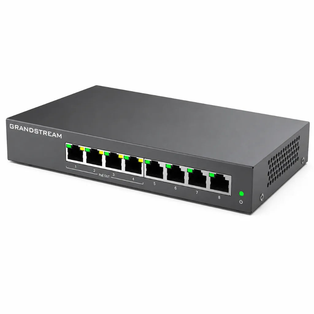 Left angle view of Grandstream GWN7711P Layer 2 Lite Managed Gigabit PoE Switch for business networking