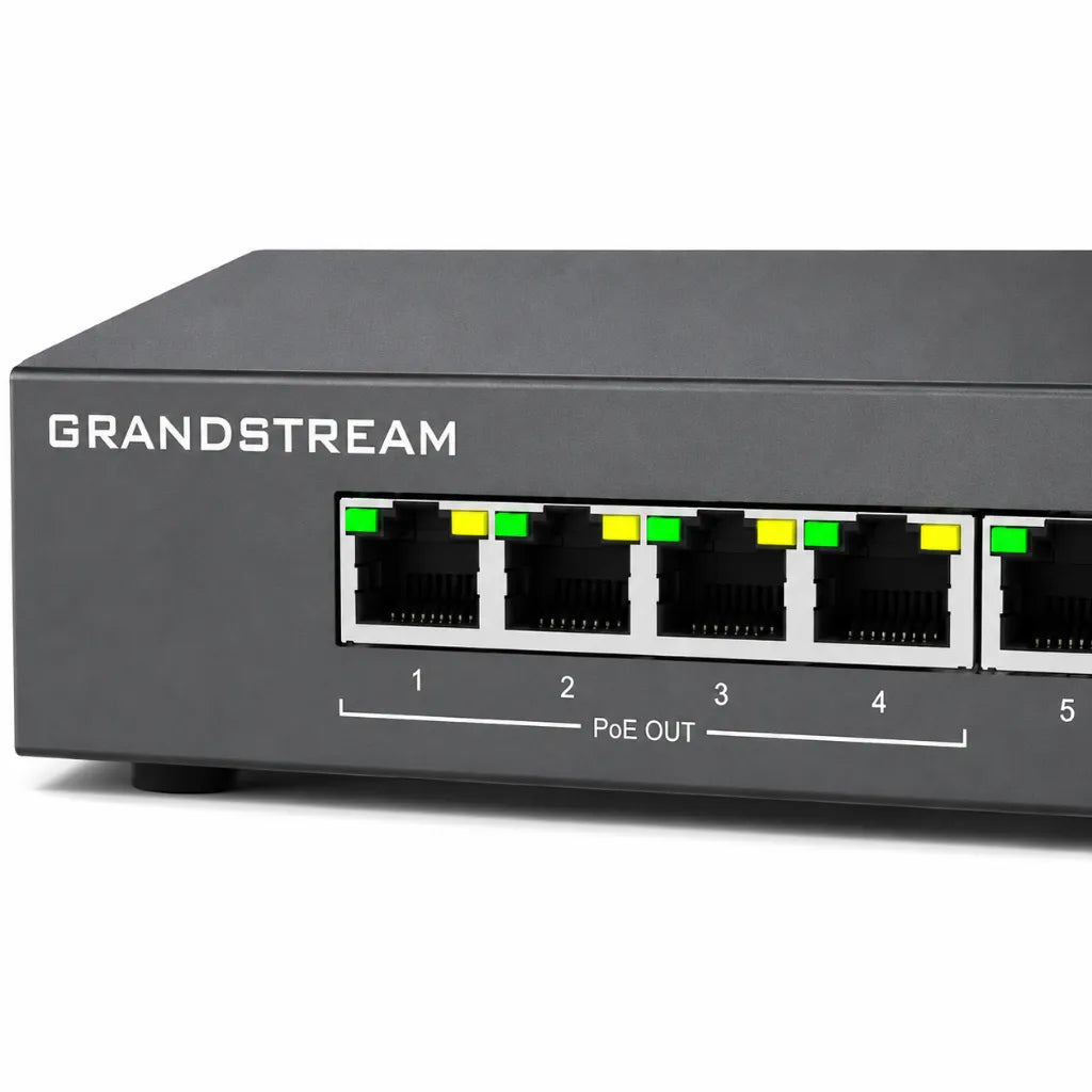 Close-up of Grandstream GWN7711P PoE output ports on 8-Port Layer 2 Lite Managed Gigabit Switch