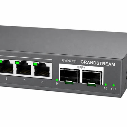 Close-up of Grandstream GWN7721 dual 10G SFP+ uplink ports on a Layer 2 Lite managed network switch.